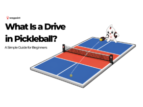 Waypoint mascot hitting a drive from the baseline on a pickleball court