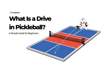 Waypoint mascot hitting a drive from the baseline on a pickleball court