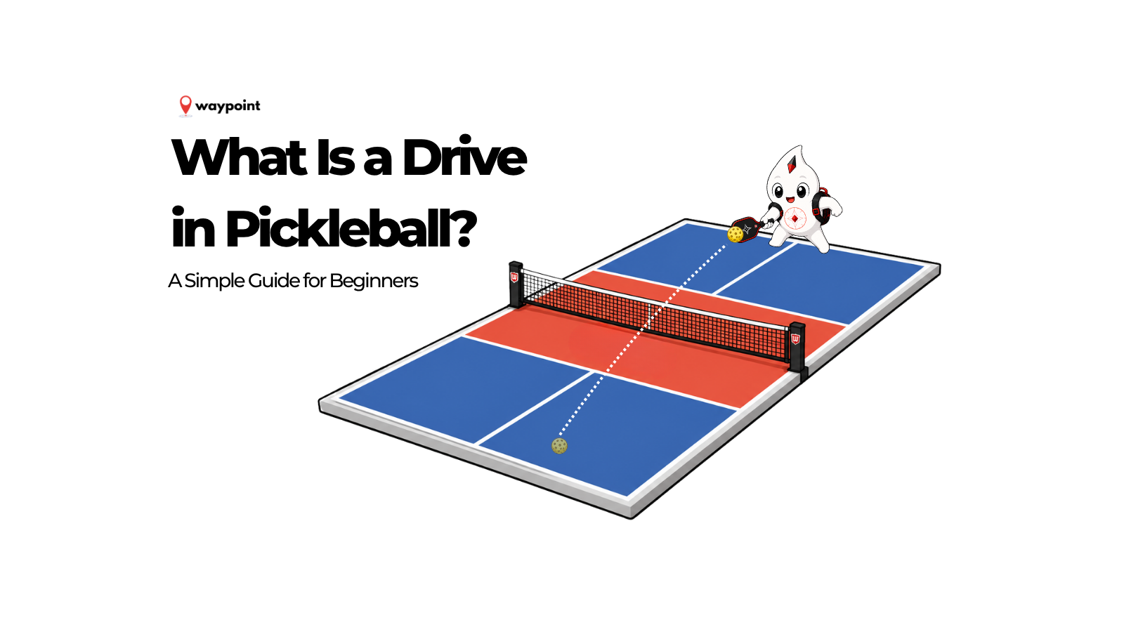 Waypoint mascot hitting a drive from the baseline on a pickleball court