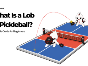 Waypoint mascot hitting a high lob over an opponent on a pickleball court