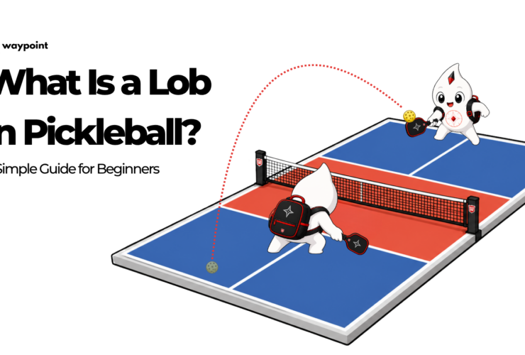 Waypoint mascot hitting a high lob over an opponent on a pickleball court