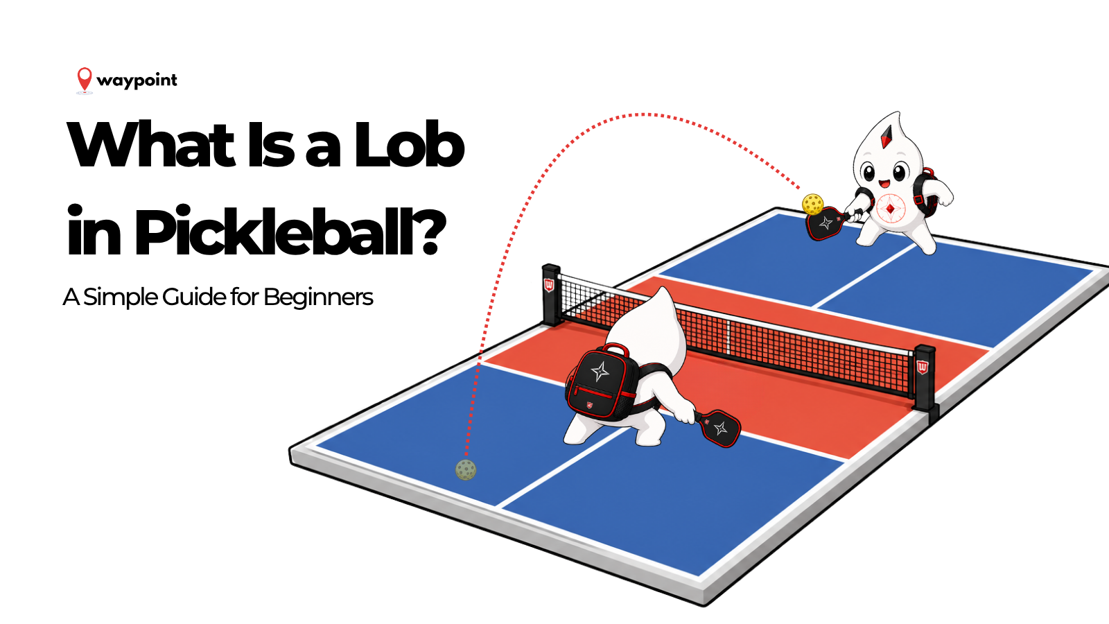 Waypoint mascot hitting a high lob over an opponent on a pickleball court