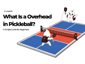Waypoint mascot preparing to hit an overhead shot in pickleball