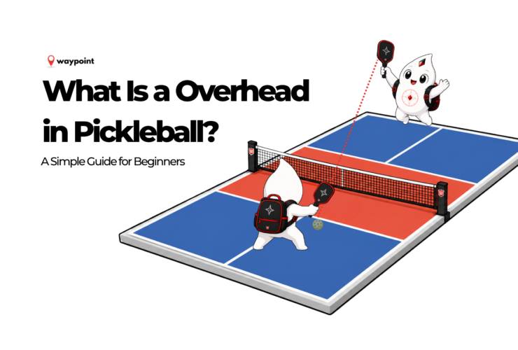 Waypoint mascot preparing to hit an overhead shot in pickleball