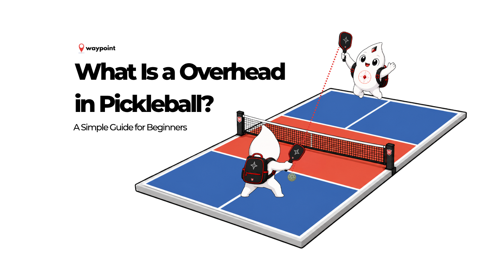 Waypoint mascot preparing to hit an overhead shot in pickleball