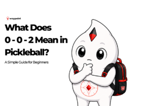 Waypoint mascot in a thinking pose beside the text “What Does 0-0-2 Mean in Pickleball? A Simple Guide for Beginners.”