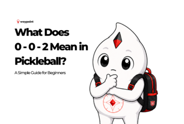 Waypoint mascot in a thinking pose beside the text “What Does 0-0-2 Mean in Pickleball? A Simple Guide for Beginners.”