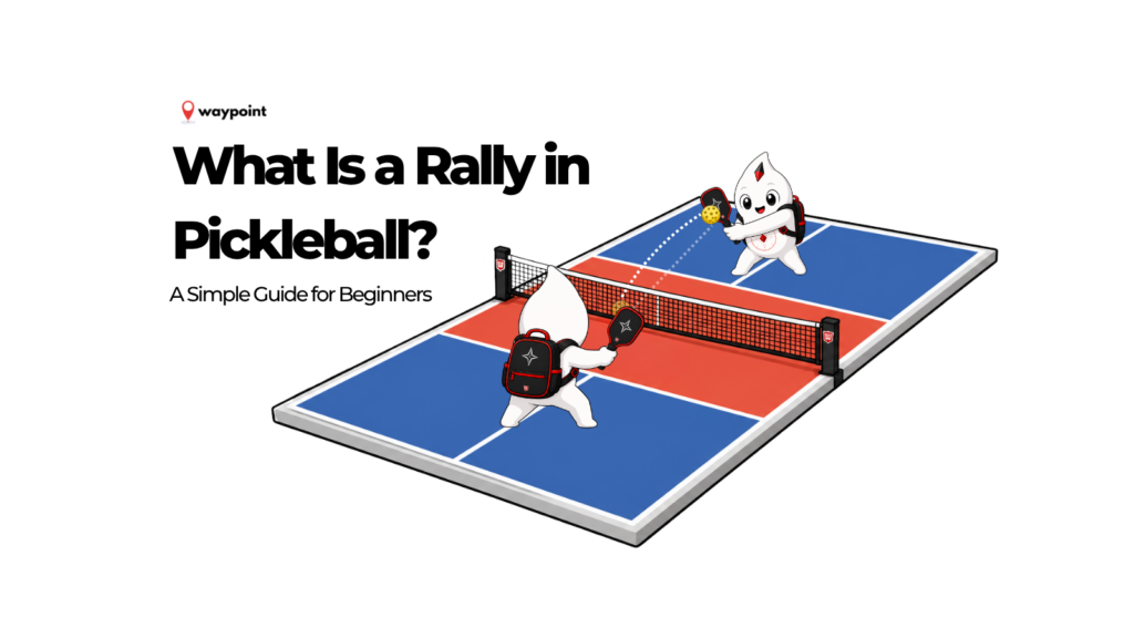 Two Waypoint mascots playing a pickleball rally across the net
