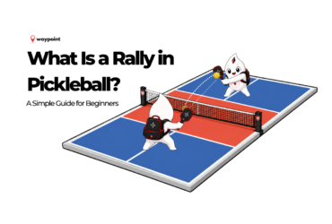 Two Waypoint mascots playing a pickleball rally across the net