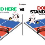 Waypoint mascot showing the correct and incorrect serving position in pickleball, standing behind the baseline on the left and inside the court on the right.