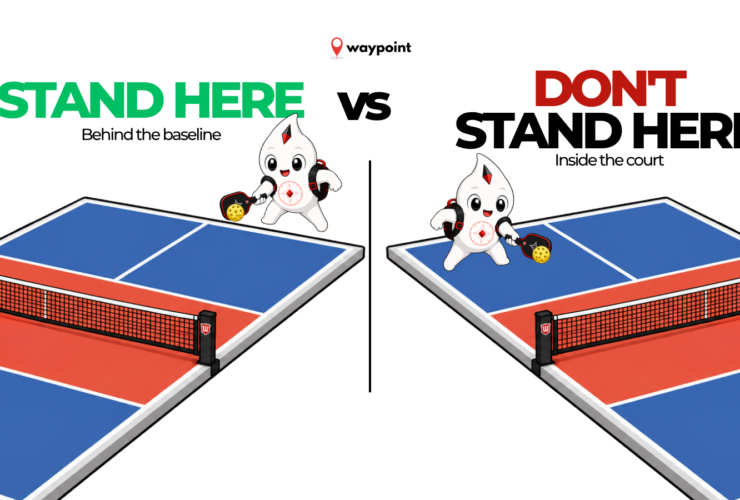 Waypoint mascot showing the correct and incorrect serving position in pickleball, standing behind the baseline on the left and inside the court on the right.