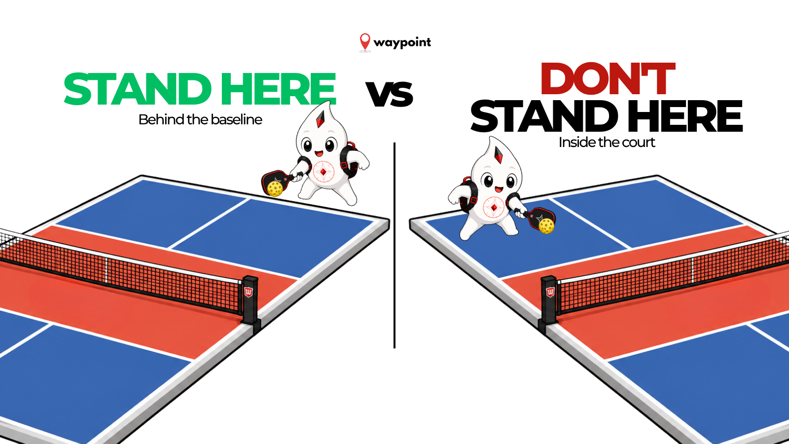 Waypoint mascot showing the correct and incorrect serving position in pickleball, standing behind the baseline on the left and inside the court on the right.