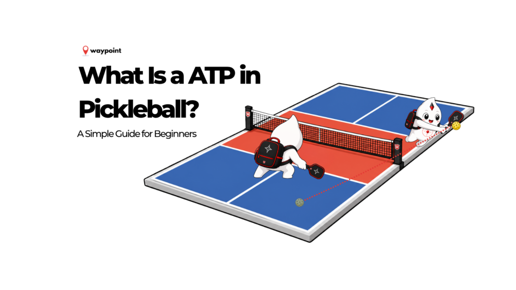 Waypoint mascots demonstrating an Around the Post shot, with the pickleball travelling around the outside of the net post and back into the court.