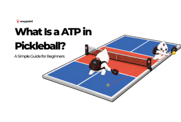 Waypoint mascots demonstrating an Around the Post shot, with the pickleball travelling around the outside of the net post and back into the court.