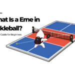 Waypoint mascots demonstrating an Erne in pickleball, with one player volleying beside the net from outside the kitchen.