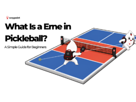 Waypoint mascots demonstrating an Erne in pickleball, with one player volleying beside the net from outside the kitchen.