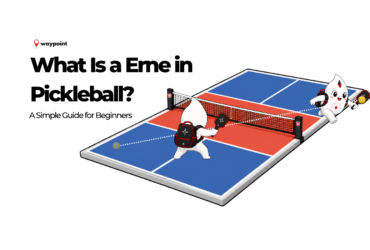 Waypoint mascots demonstrating an Erne in pickleball, with one player volleying beside the net from outside the kitchen.