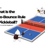 Waypoint mascots demonstrating the two-bounce rule in pickleball, with the serve and return each bouncing once before play continues.