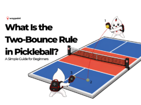 Waypoint mascots demonstrating the two-bounce rule in pickleball, with the serve and return each bouncing once before play continues.