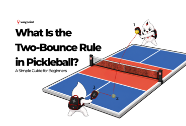 Waypoint mascots demonstrating the two-bounce rule in pickleball, with the serve and return each bouncing once before play continues.